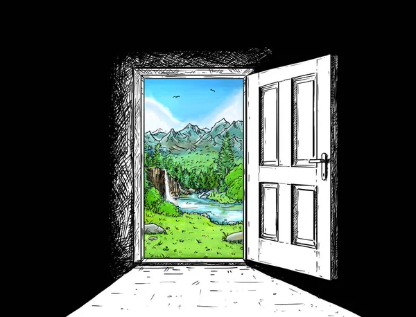 Cartoon Comic of Door to Nature Freedom — Stock Photo, Image