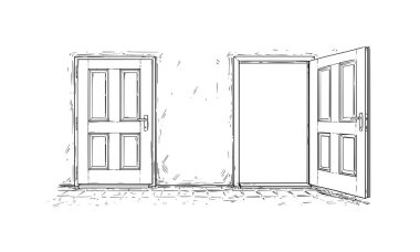 İki açık ve kapalı ahşap karar kapı karikatür vektör 