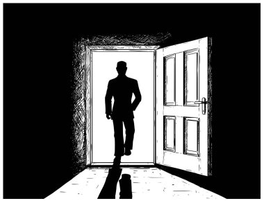 Karikatür vektör açık kapı ve içinde veya ışık yürüyen adam