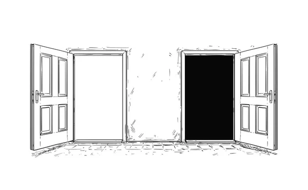 2 つの開いている木製決定ドアの漫画のベクトル — ストックベクタ