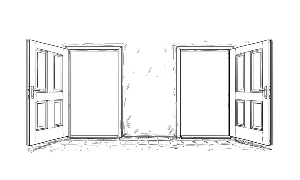 Vecteur de bande dessinée de deux portes de décision ouvertes en bois — Image vectorielle