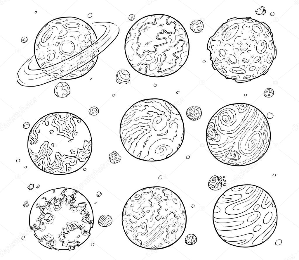 Set of Cartoon Drawings of Alien Planets.