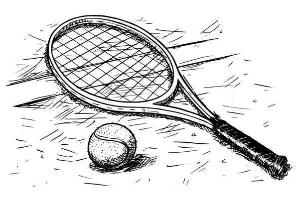 Tennisracket en bal Vector tekening van de Hand — Stockvector