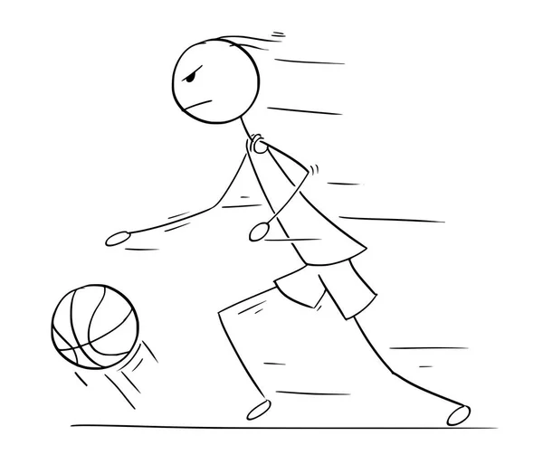 Desenhos animados vetoriais do jogador de basquete correndo e driblando com B — Vetor de Stock