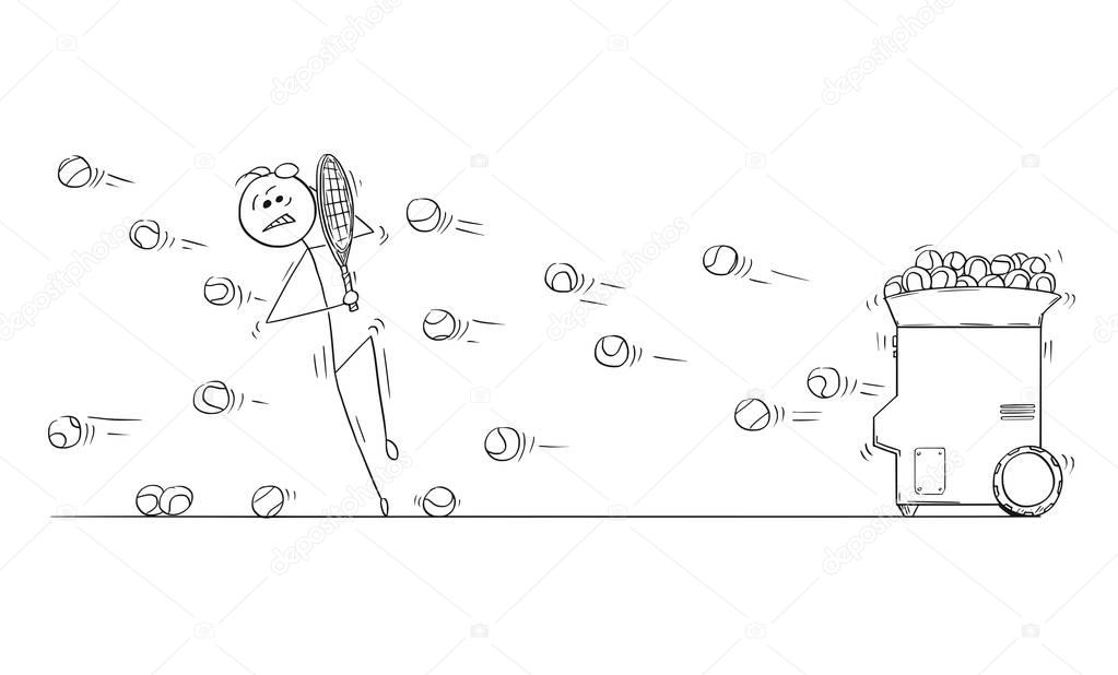 Vector Cartoon of Man Playing Against Tennis Ball Launcher Machi