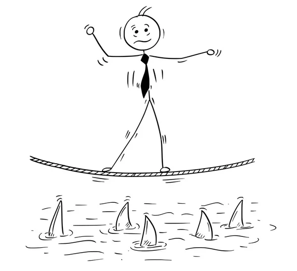 Dibujos animados de hombre de negocios caminando en cuerda apretada — Archivo Imágenes Vectoriales