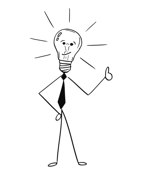 Cartoon of Business Man Light Bulb Showing Thumbs Up - Stok Vektor