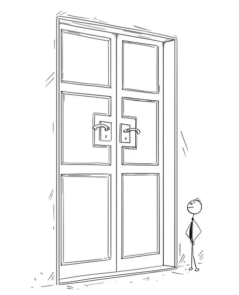 Karikatur eines Geschäftsmannes, der vor großer Tür steht — Stockvektor