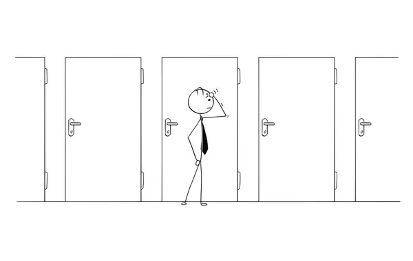 Dibujos animados del hombre de negocios elegir entre muchas puertas — Archivo Imágenes Vectoriales