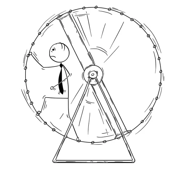 Dibujos animados conceptuales del hombre de negocios corriendo en la rueda de la ardilla — Vector de stock