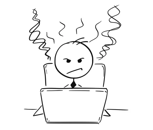 Dibujos animados conceptuales del hombre de negocios enojado cansado que trabaja en Comput — Archivo Imágenes Vectoriales