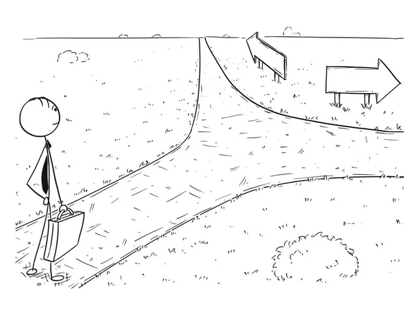 Εννοιολογική γελοιογραφία της επιχείρηση άνθρωπος στο σταυροδρόμι καθιστώντας επιλογή — Διανυσματικό Αρχείο
