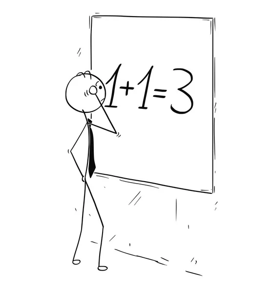 Karikatur eines Geschäftsmannes, der Synergien an der Wand berechnet — Stockvektor