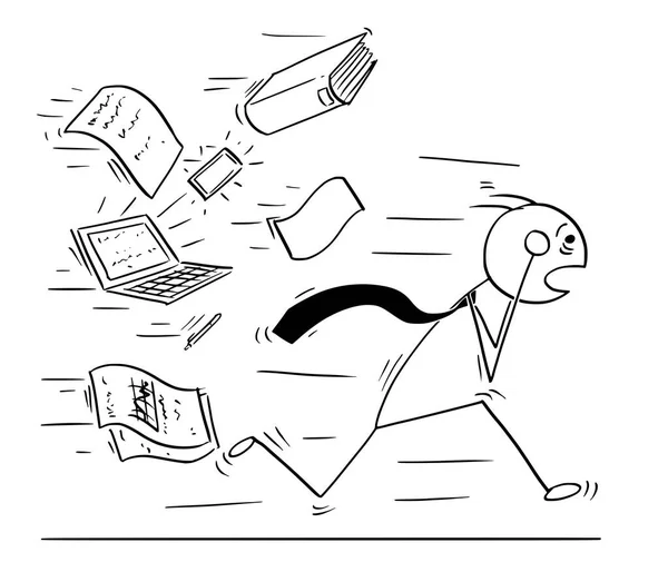 Conceptuele Cartoon van zakenman lopen weg achtervolgd door werk — Stockvector
