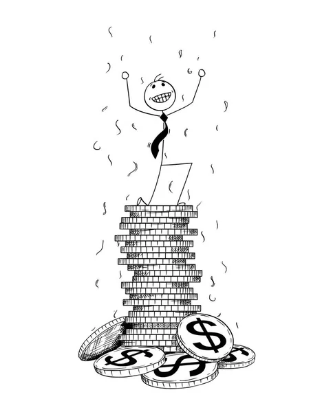 Conceptual Cartoon of Businessman Enjoying on Top of Pile of Dol — Stock Vector