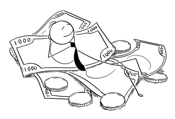 Desenhos animados conceituais do empresário deitado na pilha de dinheiro —  Vetores de Stock