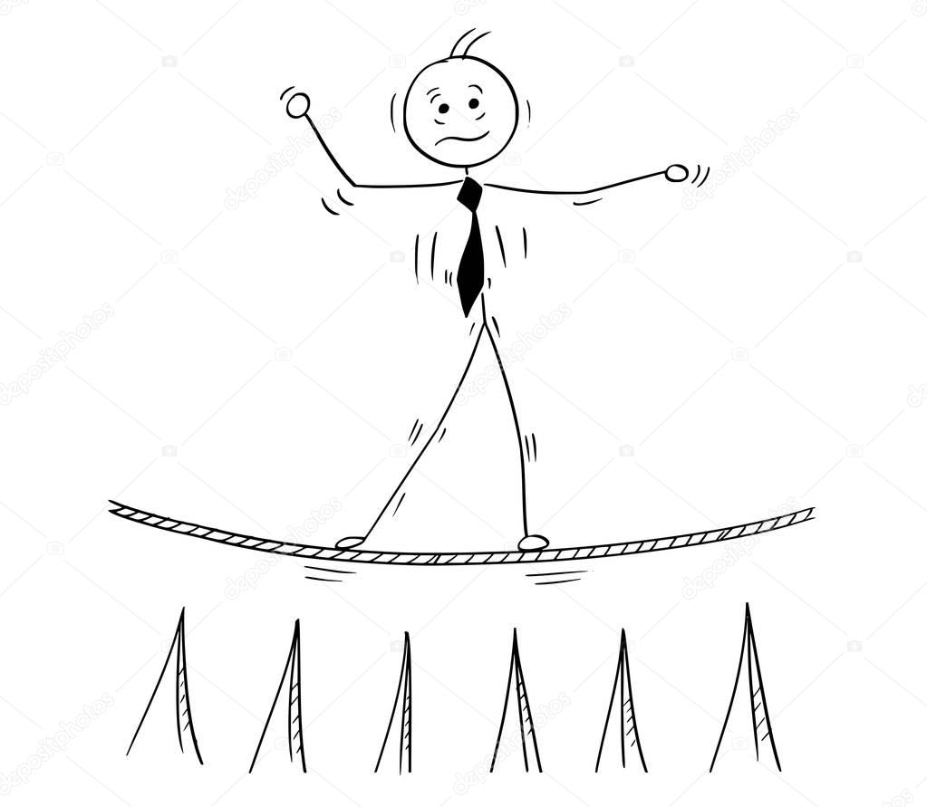 Cartoon of Business Man Walking on Tightrope Rope