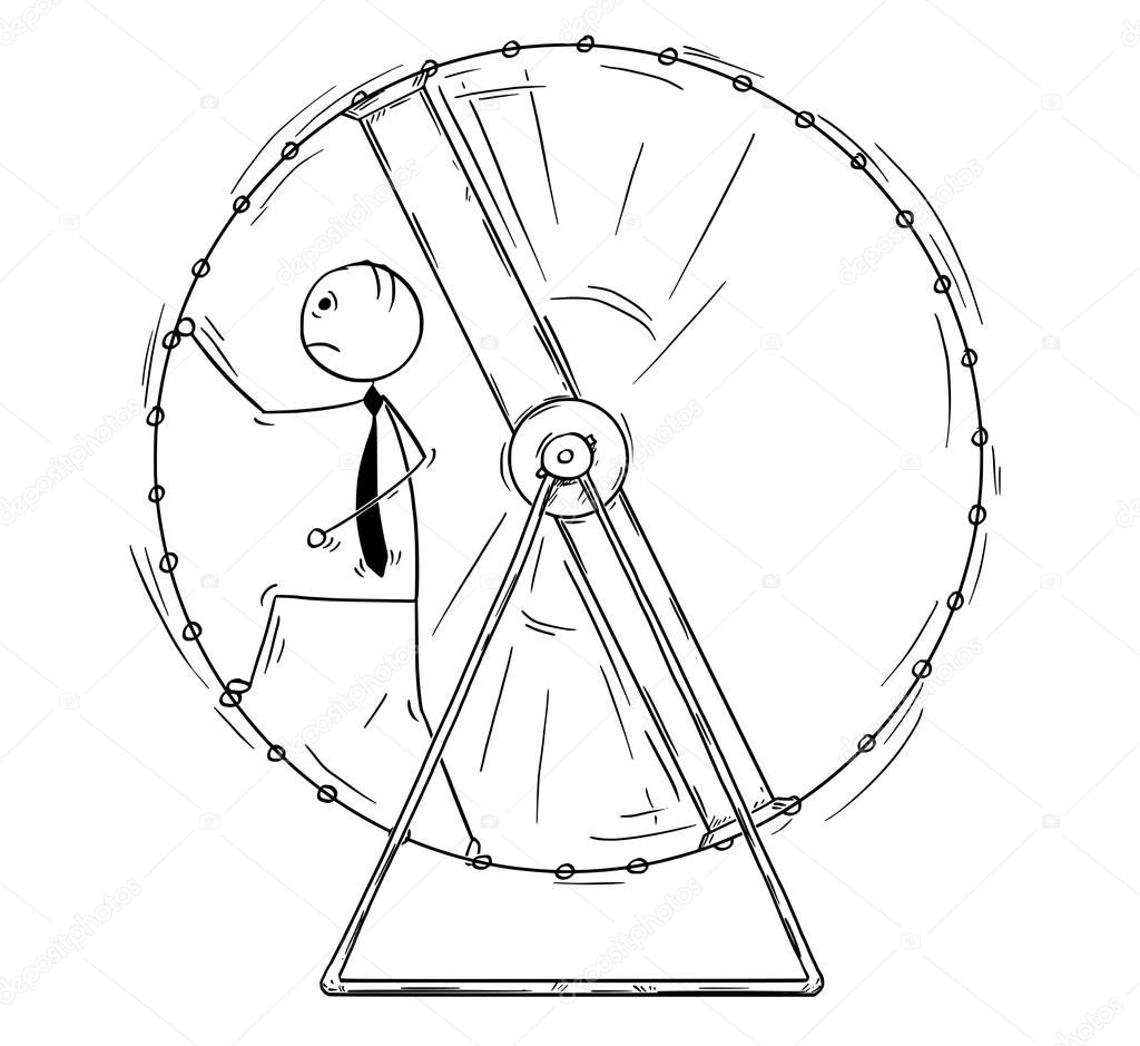 Conceptual Cartoon of Business Man running in Squirrel Wheel