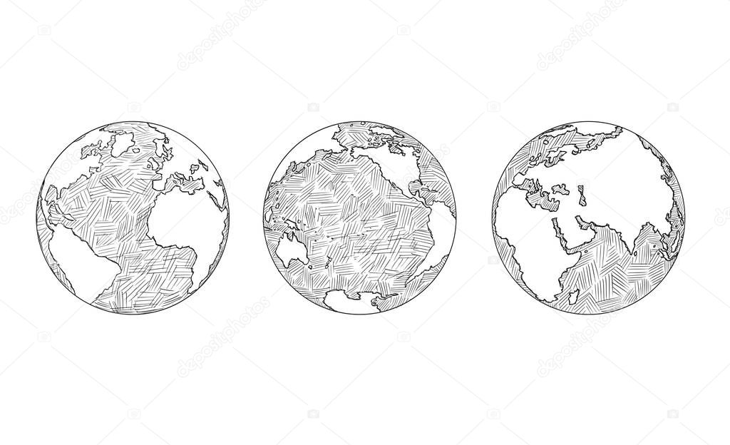 Cartoon of Three Views of Planet Earth Globe