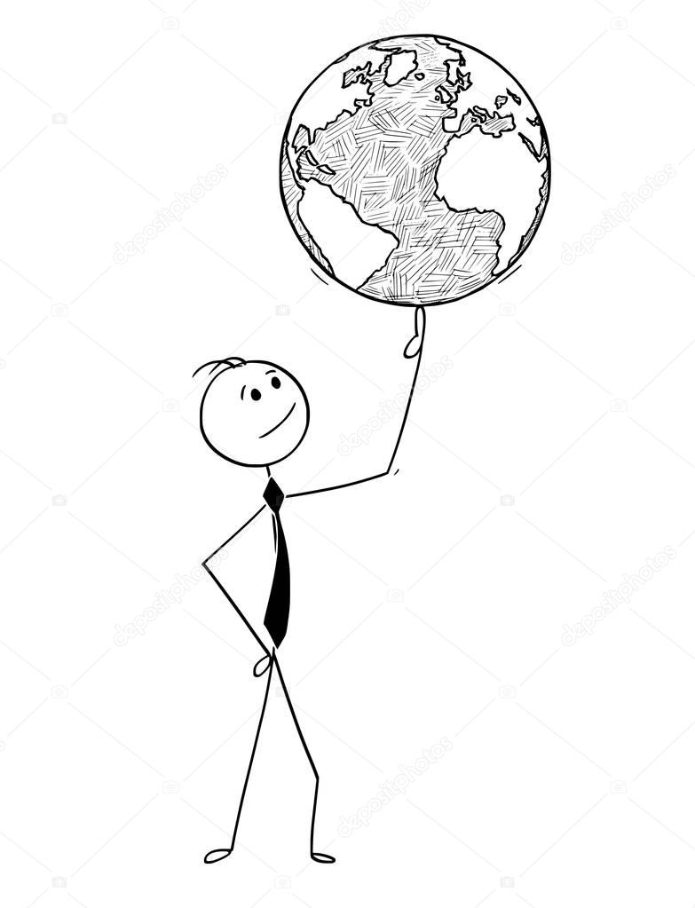 Conceptual Cartoon of Businessman with World Globe on Finger