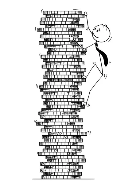 Karikatur eines Geschäftsmannes, der auf einen Münzhaufen klettert — Stockvektor