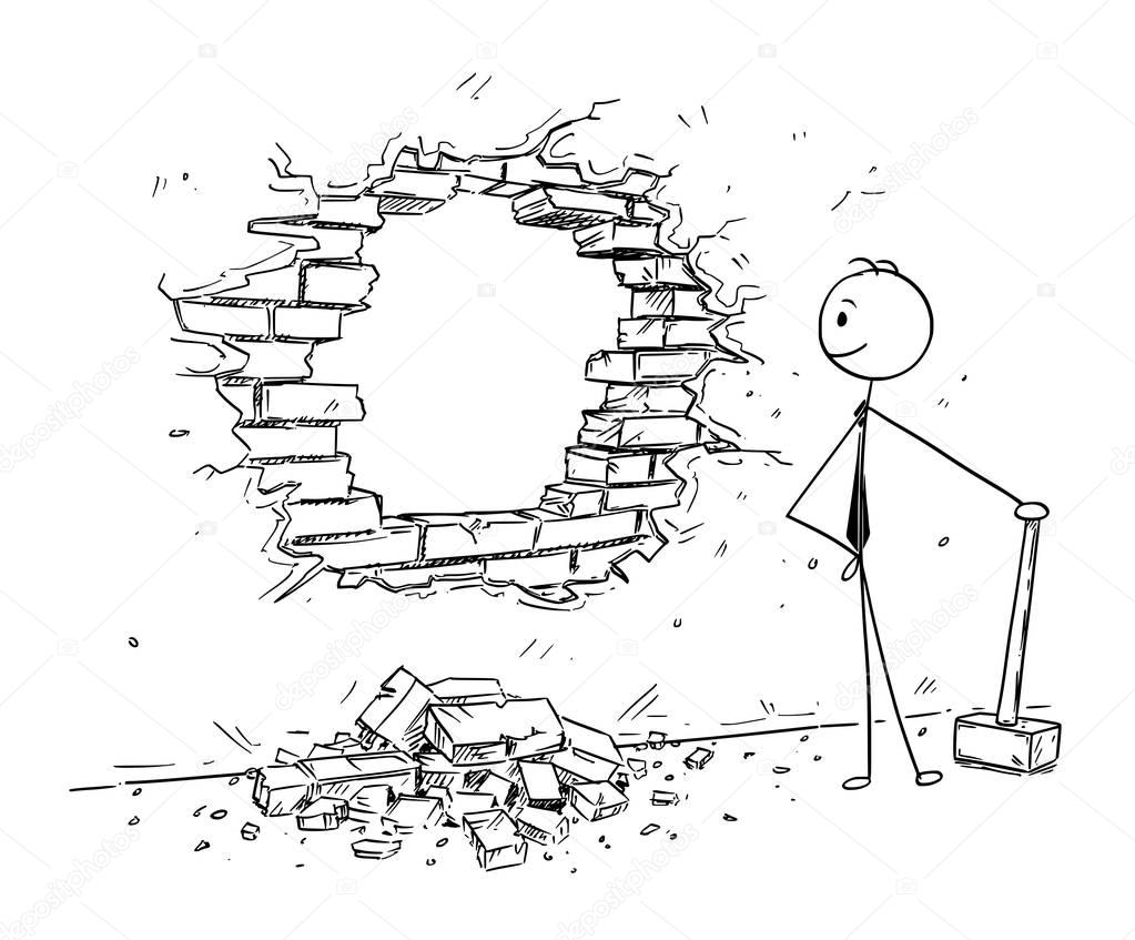 Conceptual Cartoon of Businessman Breaking a Wall