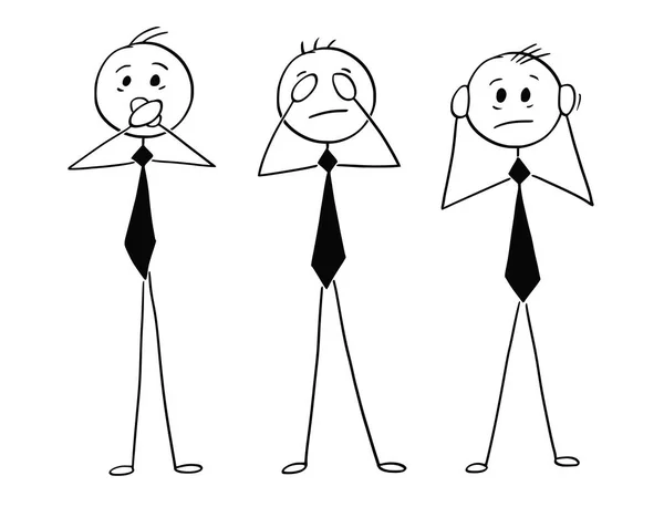 Karikatur von drei weisen Geschäftsleuten, die kein Wort verstehen, hören und sprechen — Stockvektor