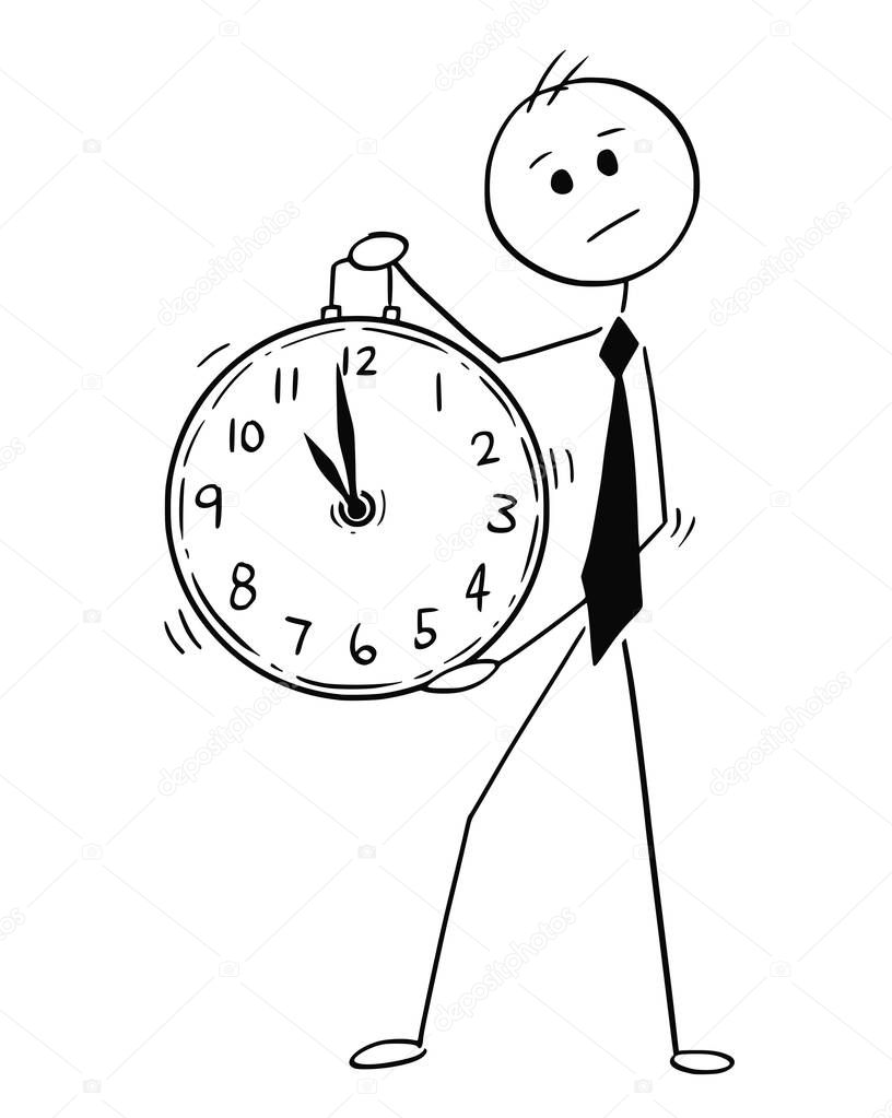 Conceptual Cartoon of Businessman Holding Large Clock
