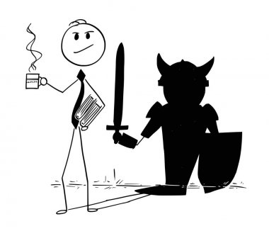 Kendine güvenen işadamı ve kahraman Knight gölge kavramsal karikatür