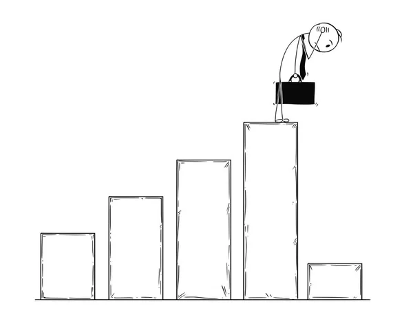 Dibujos animados conceptuales del hombre de negocios que mira gráfico de bajo beneficio — Vector de stock