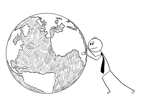 Desenhos animados conceituais do empresário empurrando globo mundial —  Vetores de Stock