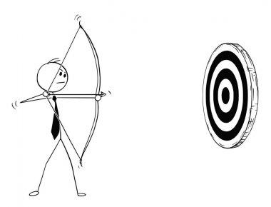 Conceptual Cartoon of Businessman with Bow Shooting at Target clipart