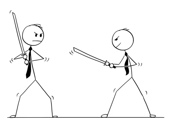 Dibujos animados conceptuales de dos hombres de negocios discutiendo y listos para luchar con espadas — Vector de stock