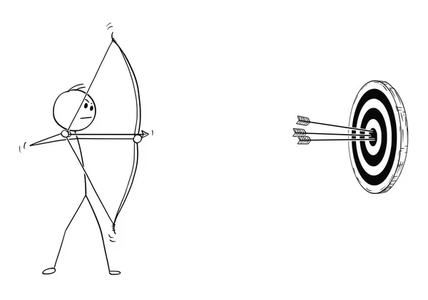 Karikatur eines Bogenschützen mit Pfeil und Bogen, der auf ein Ziel schießt — Stockvektor