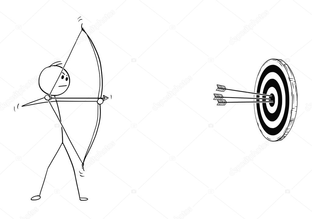 Cartoon of Archer with Bow and Arrow Shooting at Target