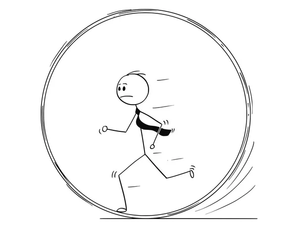 Dibujos animados conceptuales del hombre de negocios corriendo en la rueda de la ardilla — Archivo Imágenes Vectoriales