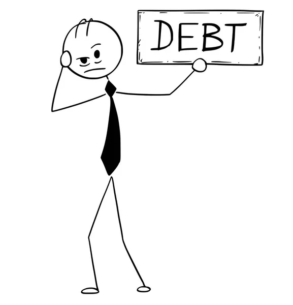 Концептуальная карикатура на депрессивного бизнесмена с долговым знаком — стоковый вектор