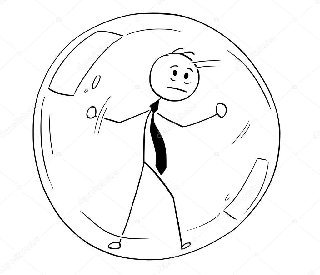 Conceptual Cartoon of Businessman Imprisoned Inside the Glass Bubble
