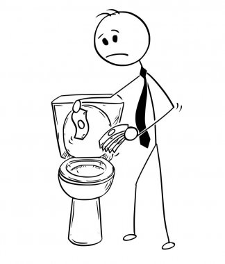 Karikatür işadamı Trowing para için tuvalet, kötü yatırım kavramı