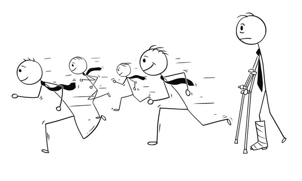 Dibujos animados conceptuales del hombre de negocios con la pierna rota que mira a hombres de negocios que corren sanos que corren para el éxito — Archivo Imágenes Vectoriales