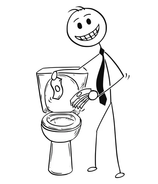 Caricature d'un homme d'affaires souriant jetant de l'argent dans les toilettes, concept de mauvais investissement — Image vectorielle