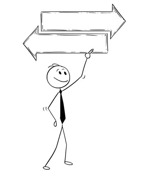 Karikatur eines Geschäftsmannes, der auf leere leere leere Text-Entscheidungszeichen schreibt — Stockvektor