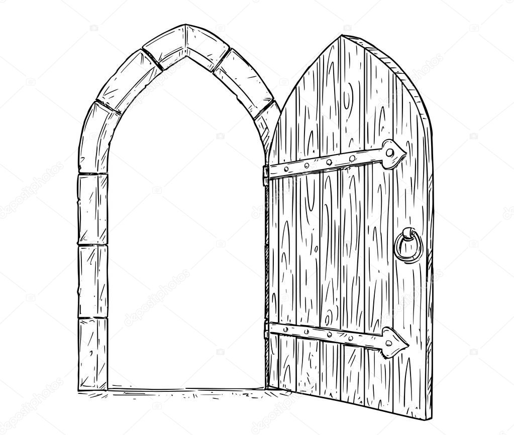 Cartoon Vector Drawing of Open Wooden Medieval Decision Door