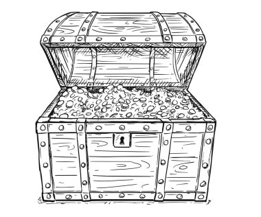 Çizgi film eski açık korsan hazine sandığı içinde altın sikke vektör çizimi