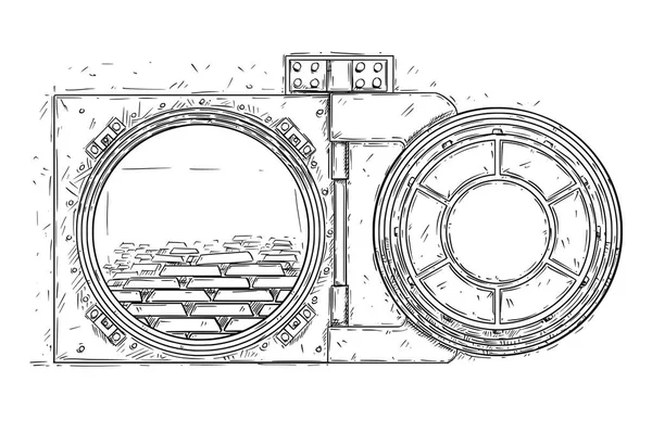 Dessin vectoriel de bande dessinée de la porte ouverte de coffre-fort avec des barres d'or — Image vectorielle