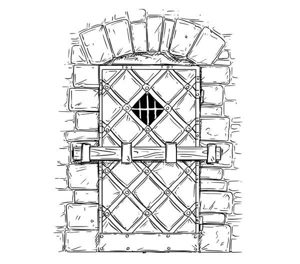 Dibujo vectorial de dibujos animados de puerta medieval de madera cerrada por pestillo — Archivo Imágenes Vectoriales