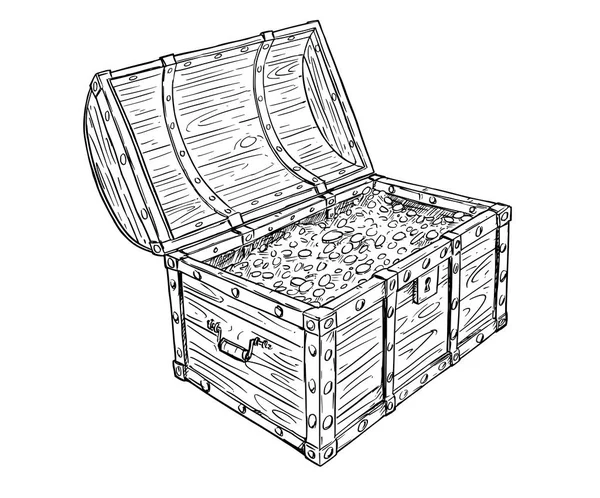 Γελοιογραφία διανυσματικό σχέδιο του παλιό ανοικτή πειρατικό σεντούκι του θησαυρού με χρυσά νομίσματα μέσα — Διανυσματικό Αρχείο