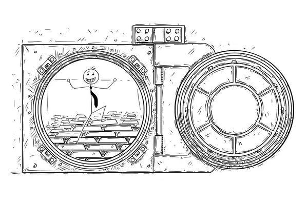 Dibujo de dibujos animados de la puerta de la bóveda abierta con barras de oro y empresario feliz — Archivo Imágenes Vectoriales