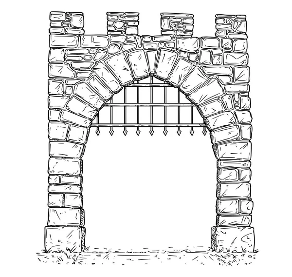 Cartoon Vector of Open Stone Medieval Decision Gate with Iron Bars — Stock Vector