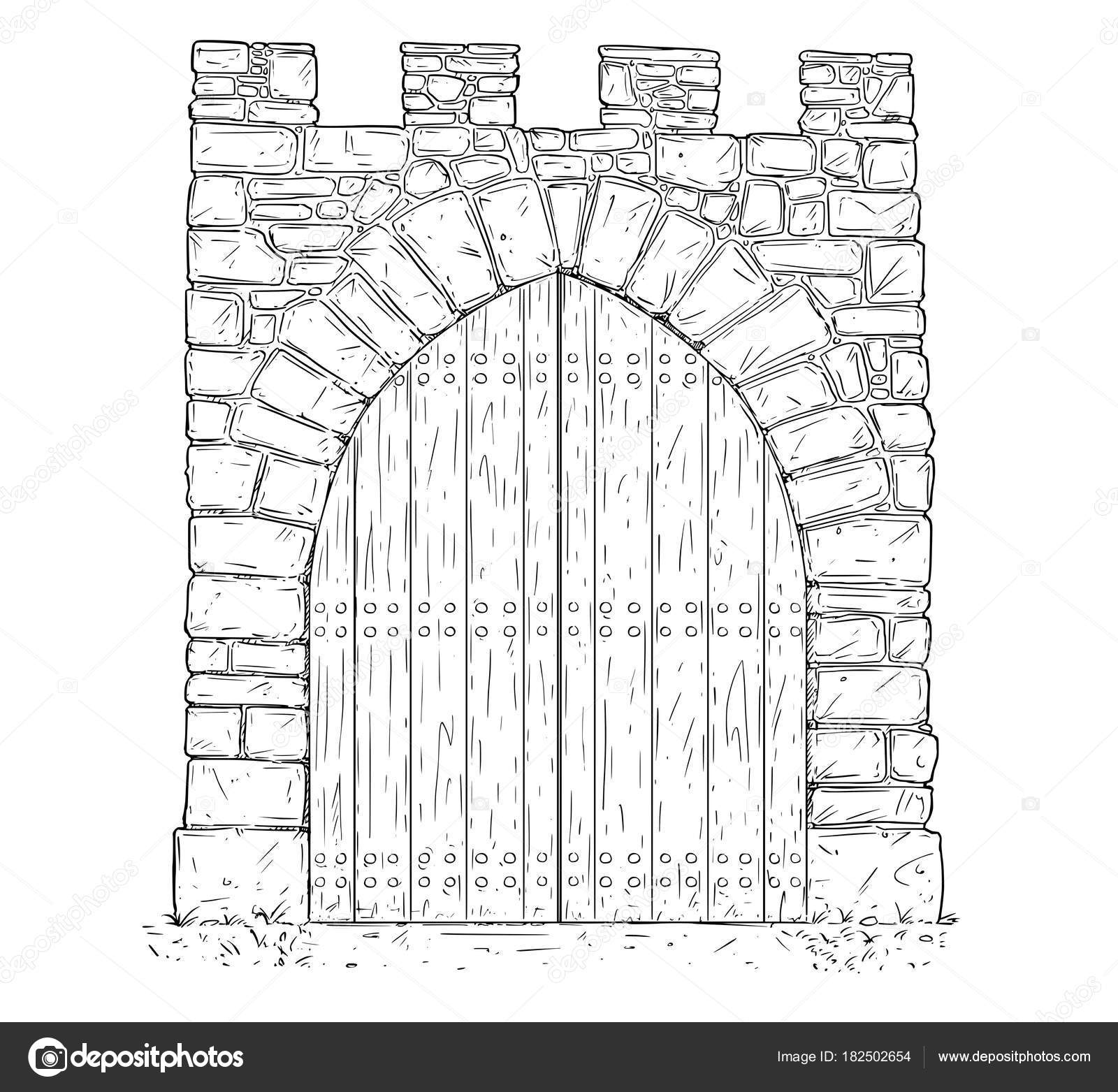 Cartoon Vector Of Stone Medieval Decision Gate Closed By Wooden